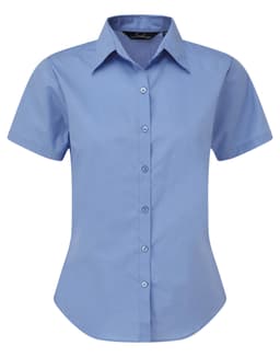 A light blue women's button-up blouse with short sleeves and a collar, featuring a front button display.