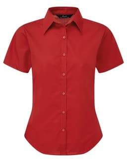 A red button-up blouse with short sleeves and a fitted design. It features a collar and buttons down the front.