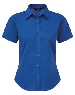 A blue button-up blouse with a collared neck and short sleeves, featuring a front button closure and a logo.