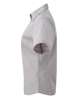 A light grey women's button-up blouse featuring a collar and short sleeves, with a subtle logo on the side.