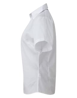 A white women's poplin blouse with a button-up design, featuring short sleeves and a collar.