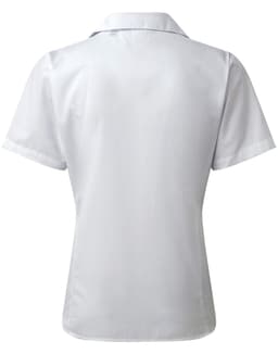 A short-sleeved women's poplin blouse in white, featuring a classic collar and a fitted back design.