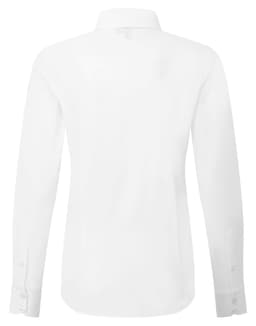 A white long-sleeved poplin shirt with a collar and buttoned cuffs, featuring a logo on the back.