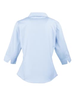 Light blue women's 3/4 sleeve poplin blouse featuring a collared neck and back view design.