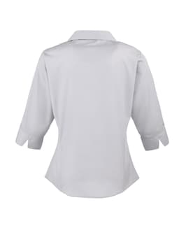 A women's 3/4 sleeve poplin blouse in white, featuring a button-up design and a back view.