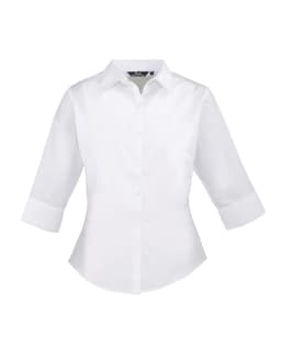 A white 3/4 sleeve poplin blouse with a button-up front and a collar, featuring a logo.