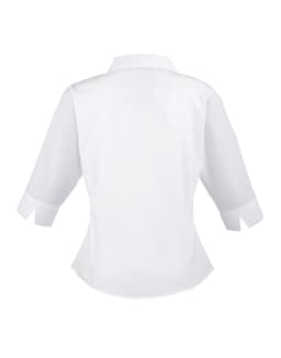A white women's 3/4 sleeve poplin blouse featuring a fitted design and a collar, with an unseen logo.