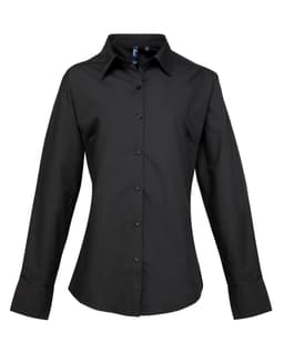 A black women's long sleeve button-up shirt with a classic collar and a logo on the front.