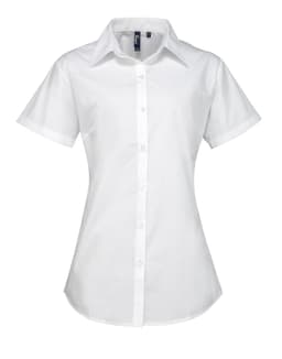 A women's short-sleeve button-up shirt in white, featuring a classic collar and fitted design.