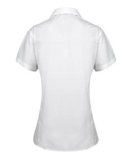 A white women's button-up shirt with short sleeves and a fitted style, featuring a collar and a logo.