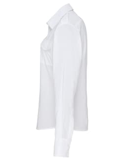 A white women's long-sleeve pilot shirt with a pocket, featuring a clean and tailored design.