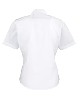 A white women's short-sleeve button-up blouse with a back view. Features a collar and has a branded logo.