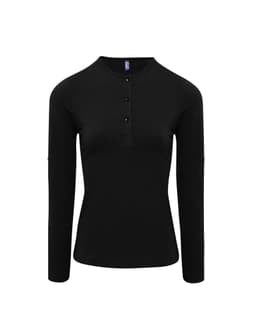 A black long sleeve tee with roll sleeves and a buttoned front, featuring a logo at the neckline.