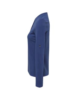A blue women's long sleeve tee featuring a roll-sleeve design and a logo on the arm.