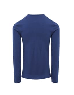 A long-sleeve tee in navy blue, featuring a roll-sleeve design and a smooth back view. Includes a logo.