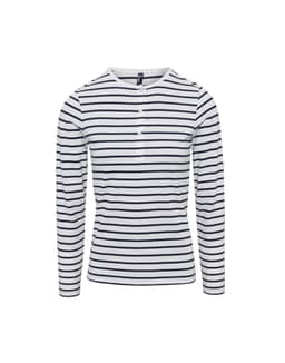 A white long sleeve tee with navy horizontal stripes and a buttoned neckline. The shirt features a small logo.
