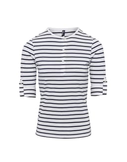 A white and navy striped women's long sleeve tee featuring roll-up sleeves and a buttoned neckline.