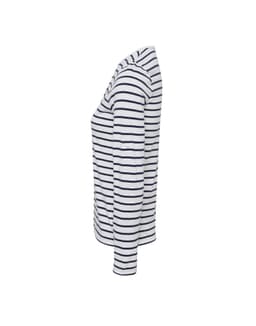 A long-sleeve women's tee in white with navy stripes, featuring a roll sleeve design and branding.