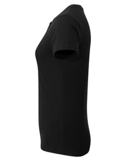 A black women's cotton rich T-shirt with a fitted style and short sleeves, featuring a logo.
