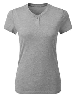 A grey women's cotton-rich T-shirt with a rounded neckline and button detail. It features a plain design.