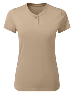 A beige women's cotton-rich t-shirt with a henley collar and short sleeves, featuring a button detail.