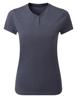 A navy women's cotton-rich T-shirt with a Henley style and short sleeves, featuring a button detail at the neck.