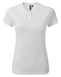 A white women's cotton rich T-shirt with a crew neck and short sleeves. It has a button detail and a logo.