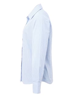 A light blue women's button-up shirt with long sleeves and a microcheck pattern, featuring a logo.