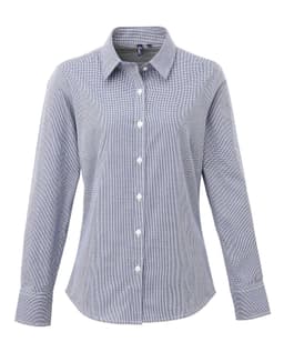 A button-up shirt in navy microcheck pattern with a collar and long sleeves, featuring a logo.