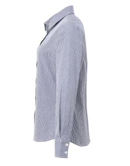 A side view of a women's long-sleeve cotton shirt in a microcheck pattern, featuring a collar and buttoned cuffs.