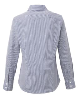 A women's long-sleeve cotton shirt in blue and white microcheck pattern with a button-up front and cuffs.