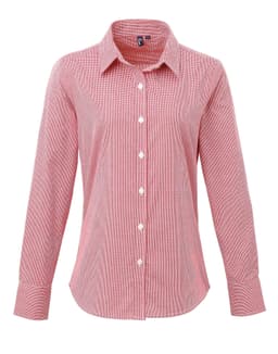 A red and white microcheck button-up shirt with long sleeves and a collar, featuring a logo.