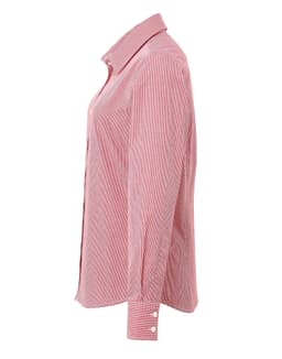 A women's long-sleeve cotton shirt in red microcheck pattern, featuring a button-up design and cuffed sleeves.