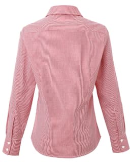 A red and white microcheck button-up women's cotton shirt featuring long sleeves and a back collar.