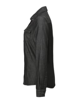A women's button-up shirt in a dark denim shade, featuring a side view with a pocket and collar.