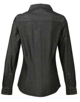 A grey button-up denim shirt with long sleeves and a fitted design, featuring a collar and a logo.