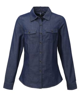 A women's button-up shirt in dark denim with a fitted design and two chest pockets, featuring a branded logo.