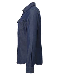 A women's button-up shirt in denim with a side profile view, featuring a collar and single pocket.