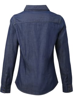 A women's denim button-up shirt in dark blue with long sleeves and a collar, featuring a simple design and logo.