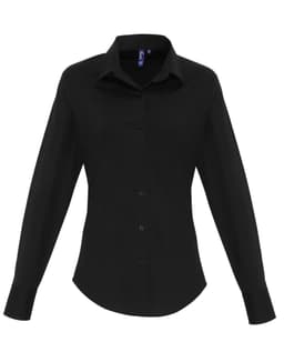 A black women's stretch fit cotton poplin long sleeve blouse with button-up front and collar.