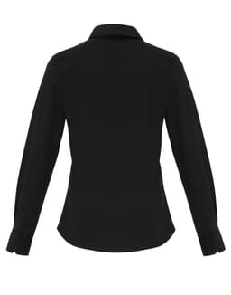 A black Women's Stretch Fit Cotton Poplin L-S Blouse with a button-up design and long sleeves.