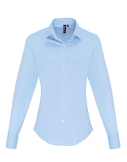 A light blue women's stretch fit cotton poplin long sleeve blouse with a button-up front and collar.