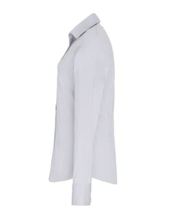 A light grey women's stretch fit cotton poplin long-sleeve blouse with a button-up design and a logo.