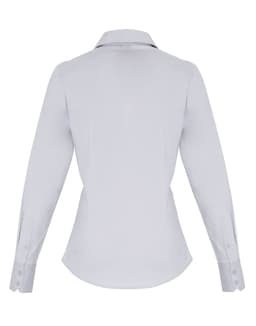 A women's long-sleeve button-up blouse in light grey, featuring a fitted design and button detail on the sleeves.