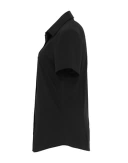 A black women's stretch fit cotton poplin short-sleeve blouse featuring a classic button-up design.