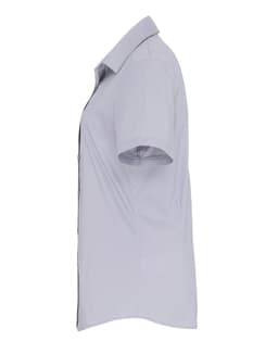 A women's short-sleeve button-up shirt in light grey, featuring a smooth poplin fabric and a fitted design.