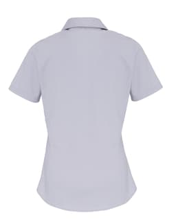 A light grey women's stretch fit cotton poplin short-sleeve blouse with a collar and a fitted design.