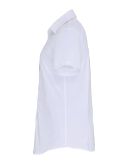 A white women's stretch fit cotton poplin short-sleeve blouse featuring a classic button-up design and a logo.