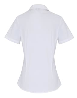 A white women's short-sleeve button-up blouse with a fitted style and a collar, featuring a logo.