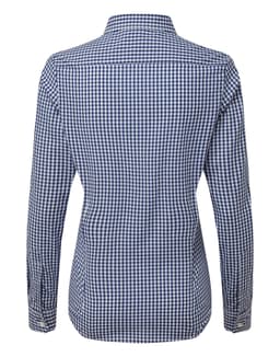 A women's button-up shirt in a navy and white check pattern, featuring long sleeves and a collared neck.